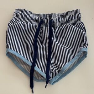 Minnow Swim - Kids Navy & White Striped Swim Trunks Light Blue Trim (Size 1)